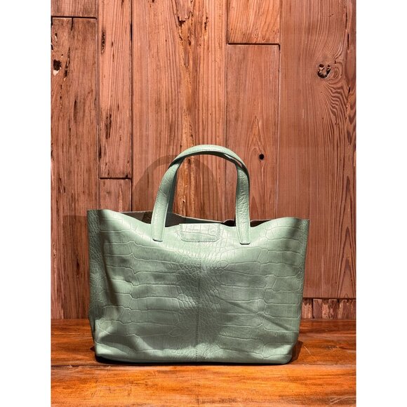 Tatiana Luna Baby Blue Croc-Embossed Leather Tote Bag With Pink Interior & Magne - Picture 1 of 5